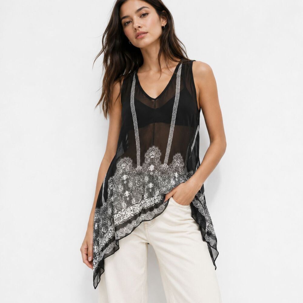 INC International Concepts Sheer Tunic Tank Boho Asymmetrical S Whimsigoth Y2K